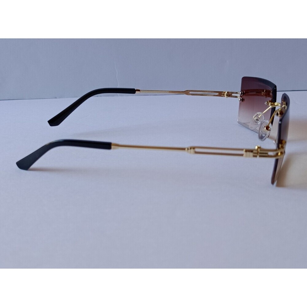 Rimless Rectangular Sunglasses Brown Tint Unisex Metal Frame - Picture 3 of 7